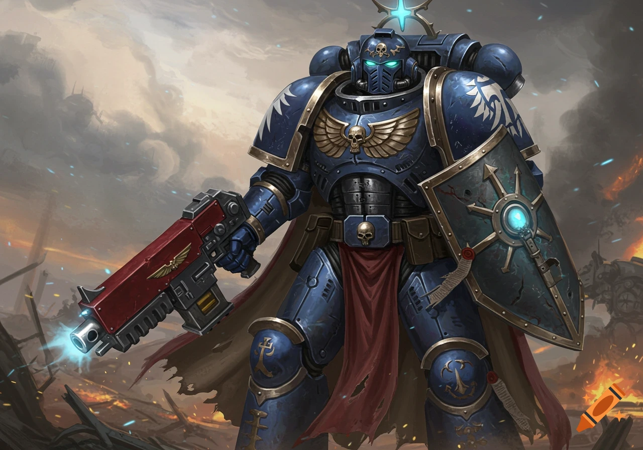A heavily armored blue and gold Space Marine holding a red gun and a shield stands on a battlefield with explosions.