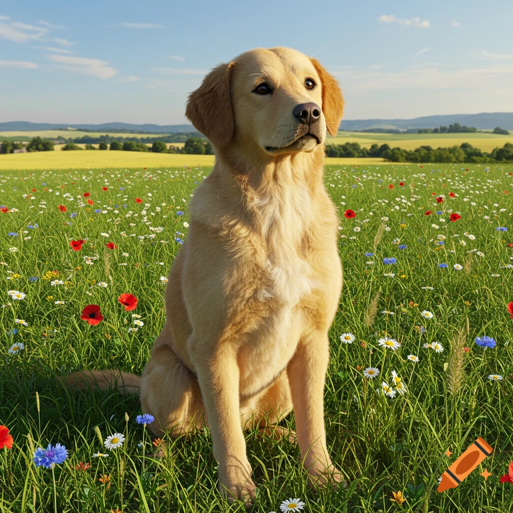 A photorealistic golden retriever sits upright in a vibrant field of colorful wildflowers under a bright blue sky.