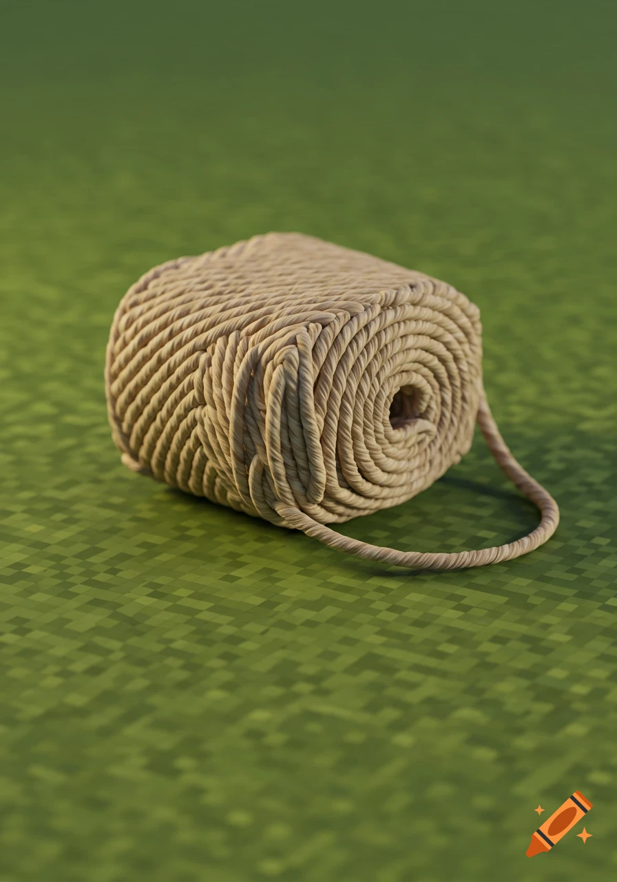 A 3D rendering of a beige coil of string resting on a pixelated green Minecraft-like ground.