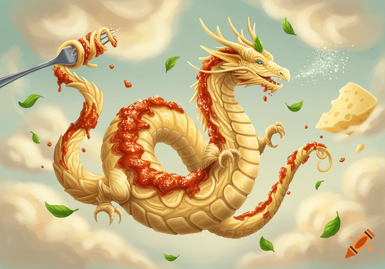 An illustrated golden pasta dragon covered in red sauce and parmesan flies through clouds. Basil, cheese, and a fork with spaghetti float around it.