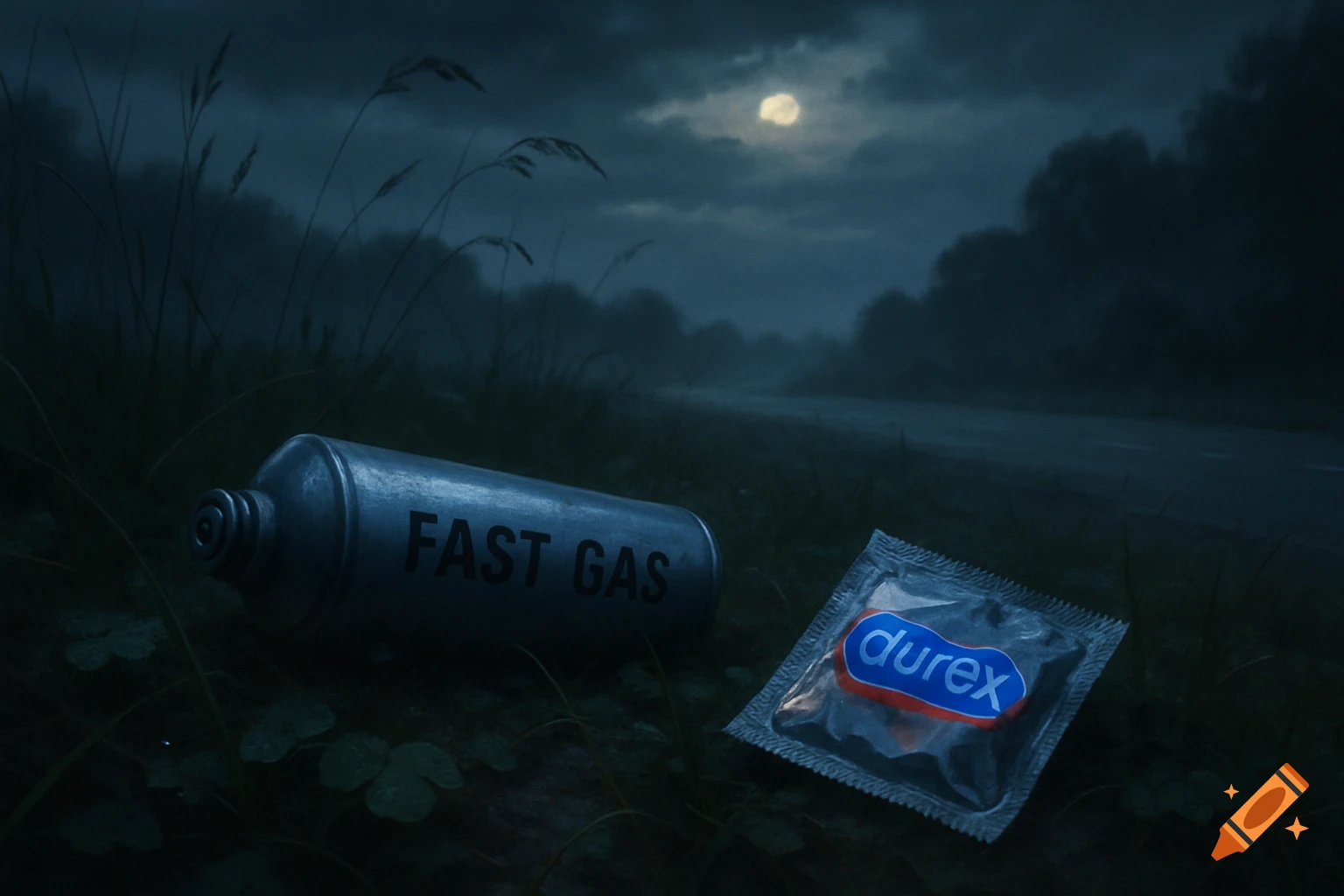 A 'Fast Gas' canister and a Durex condom packet lie discarded on grassy roadside ground under a full moon at night.