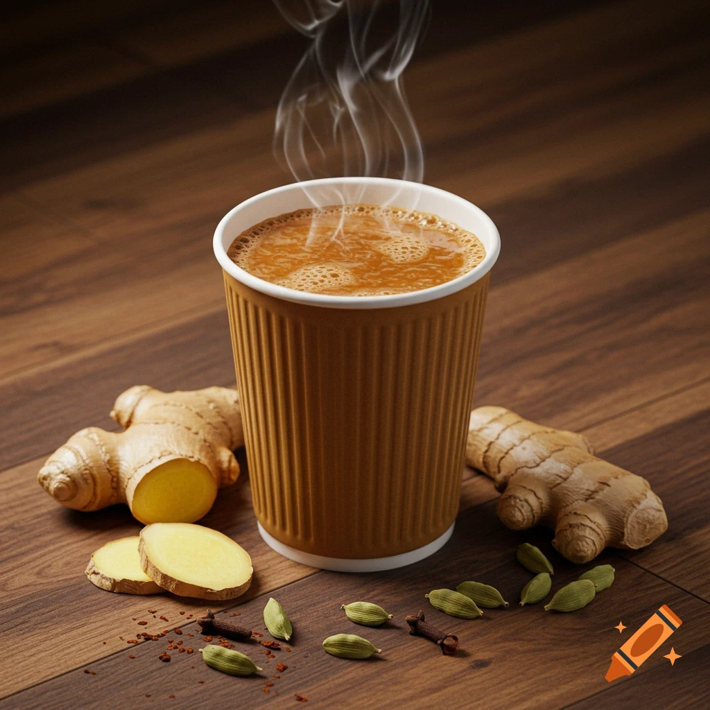A steaming cup of masala chai with ginger and cardamom pods on a dark wooden surface.
