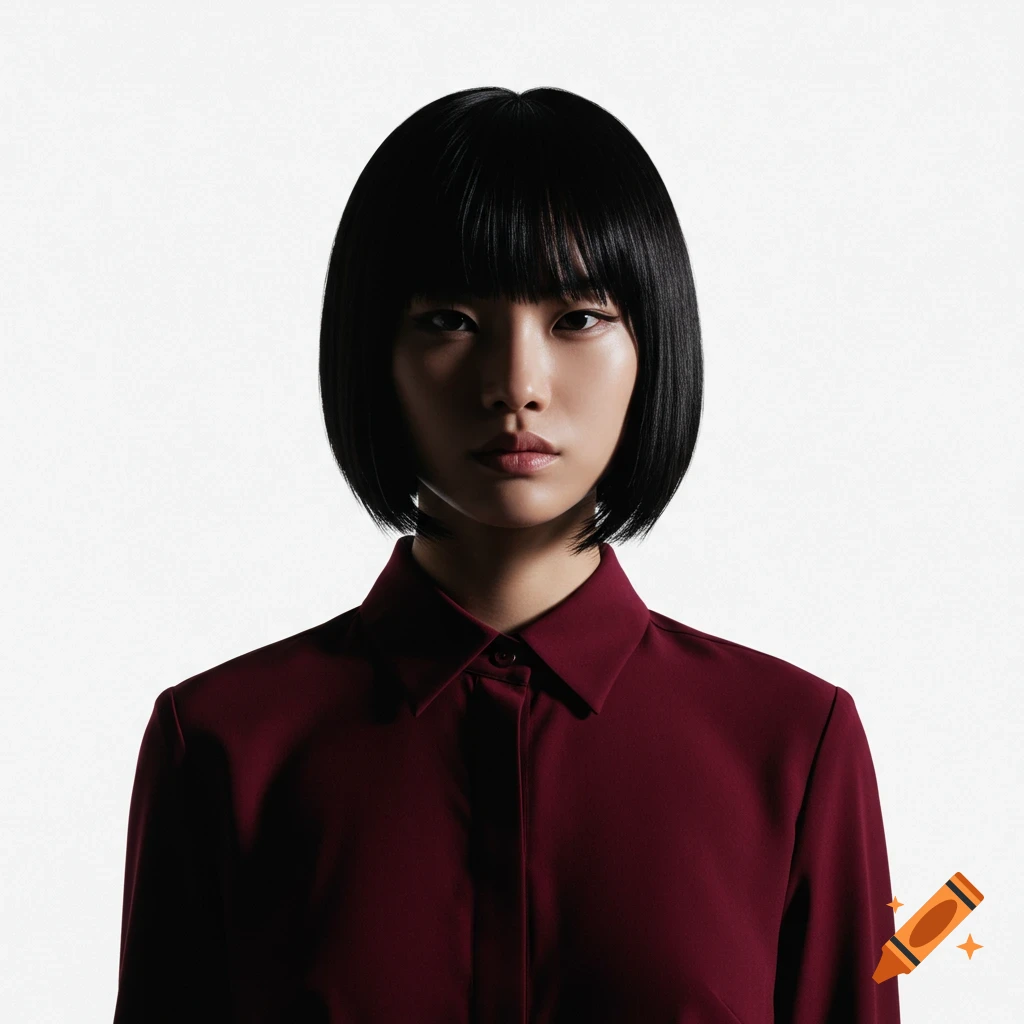 A serious-looking woman with a short black bob haircut wears a dark red collared shirt, against a white background.