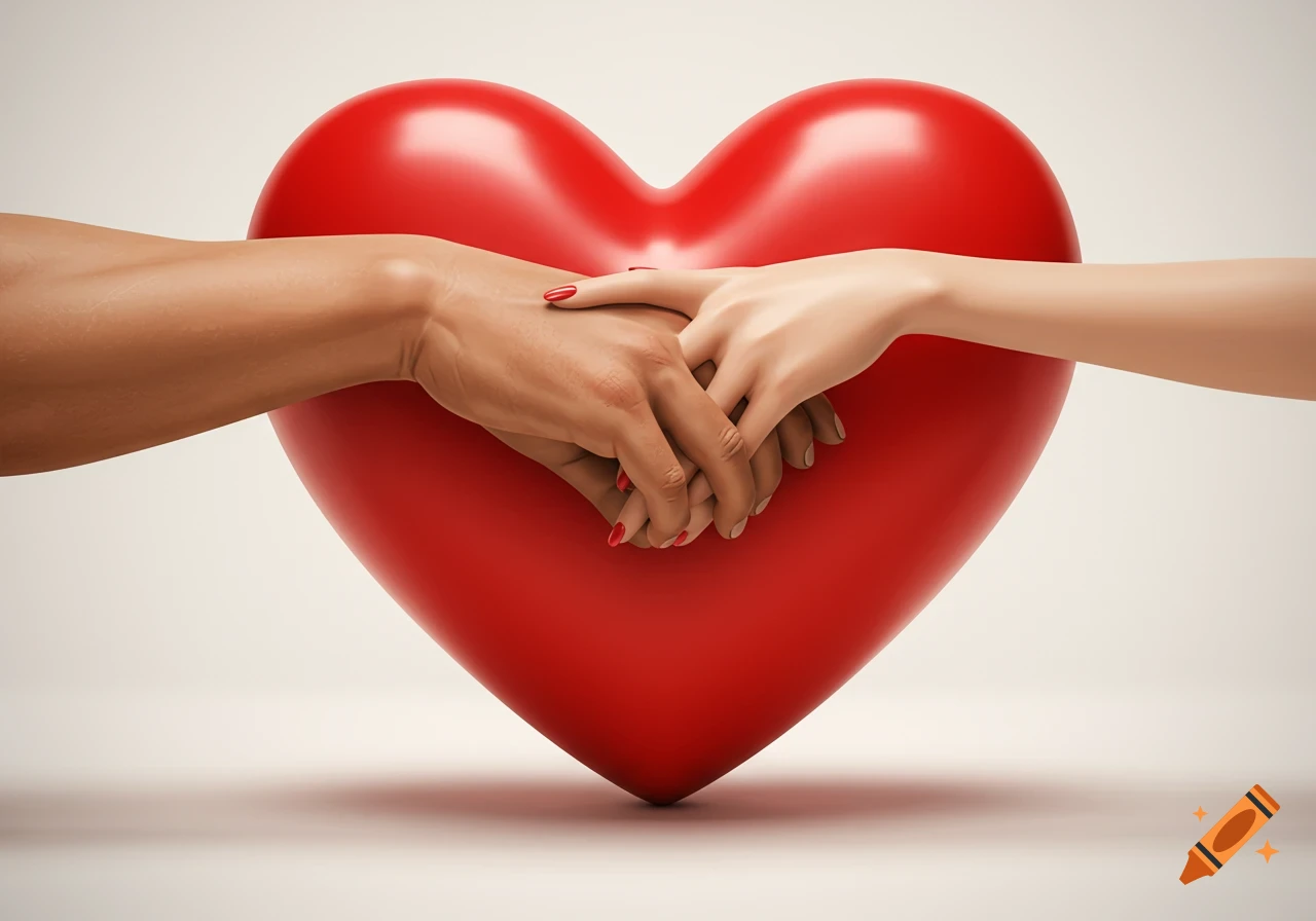 Two hands, one dark-skinned and one light-skinned, intertwined over a large red heart on a white background.
