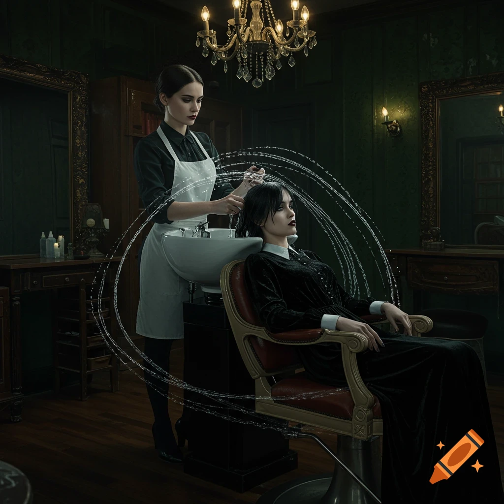 A woman resembling Wednesday Addams gets her hair washed by a stylist in a dark, gothic salon.
