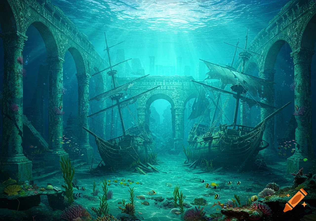 Sunlit underwater scene of ancient Atlantis ruins with two large shipwrecks and colorful marine life.