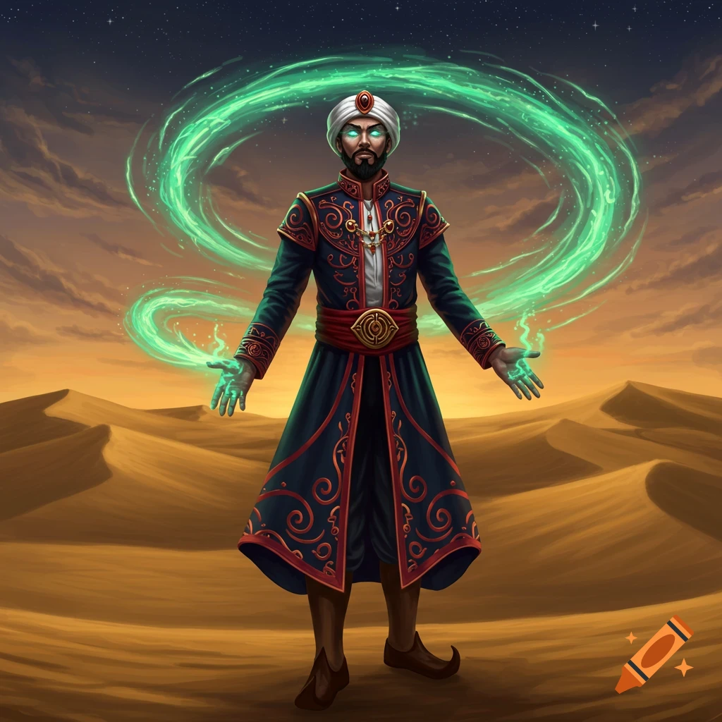 A man in a turban and elaborate robes conjuring green magic in a desert at sunset.