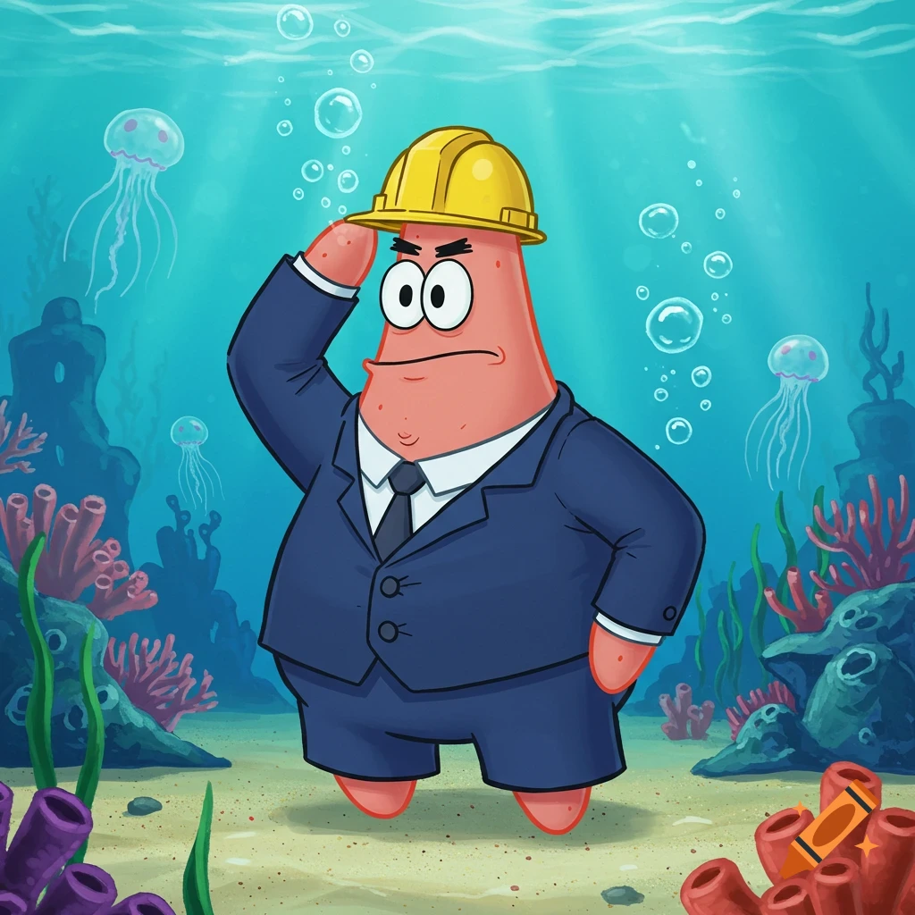 Patrick Star wearing a yellow hard hat and blue suit, looking determined underwater with jellyfish and coral in a cartoon style.
