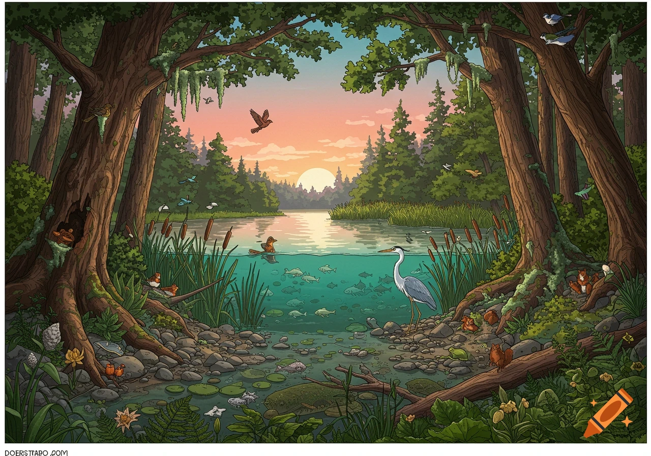 Illustrated split view of a vibrant forest lake ecosystem at sunset, showing trees, birds, a heron, fish, and various plants.