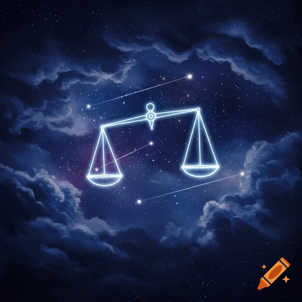 Neon outline of the Libra zodiac scales against a dark blue starry night sky with swirling clouds.