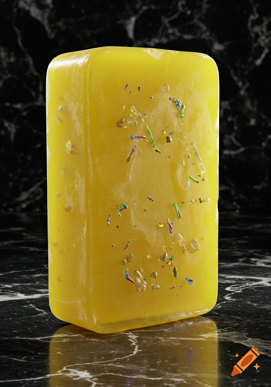 A rectangular bar of yellow soap with colorful, iridescent flecks inside sits on a reflective black marble surface.