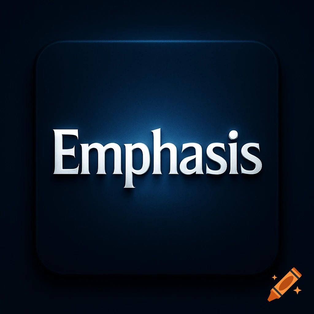 A dark blue, rounded square icon features the word "Emphasis" in white, glowing 3D text with a subtle shadow.