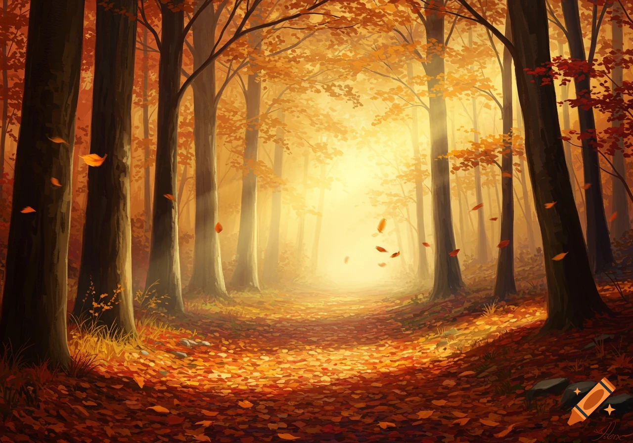 Digital painting of a peaceful autumn forest path with falling leaves and warm golden sunlight.