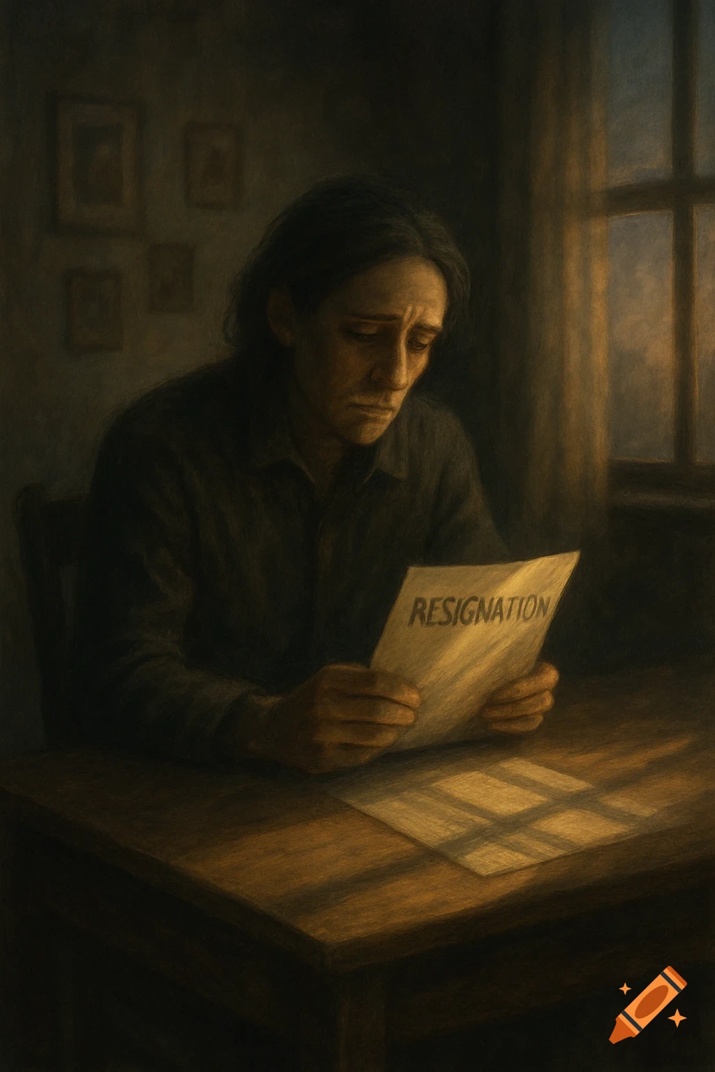 A sad person looks down, holding a letter that reads "RESIGNATION" in a dimly lit, painterly room.
