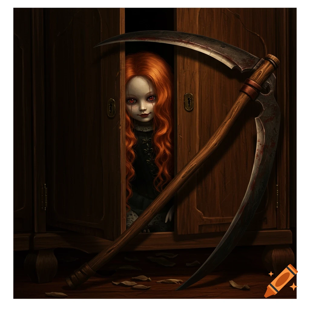A creepy, red-haired, doll-like girl with red eyes peeks from a dark wooden wardrobe, next to a blood-stained scythe.