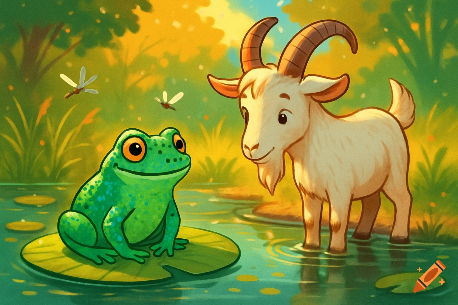 A cartoon frog on a lily pad looks at a white goat standing in shallow water in a bright, lush, illustrated natural scene.