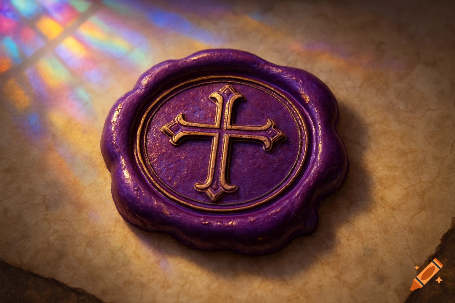 A purple wax seal with a golden cross emblem on aged parchment, illuminated by colorful light reflections.
