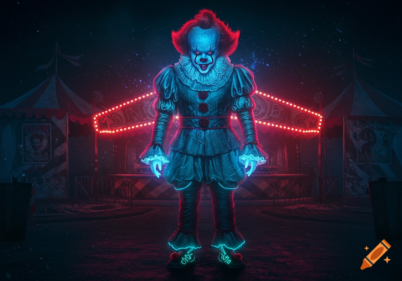 Pennywise the clown stands in a dark, neon-lit carnival at night, glowing with blue and red lights.
