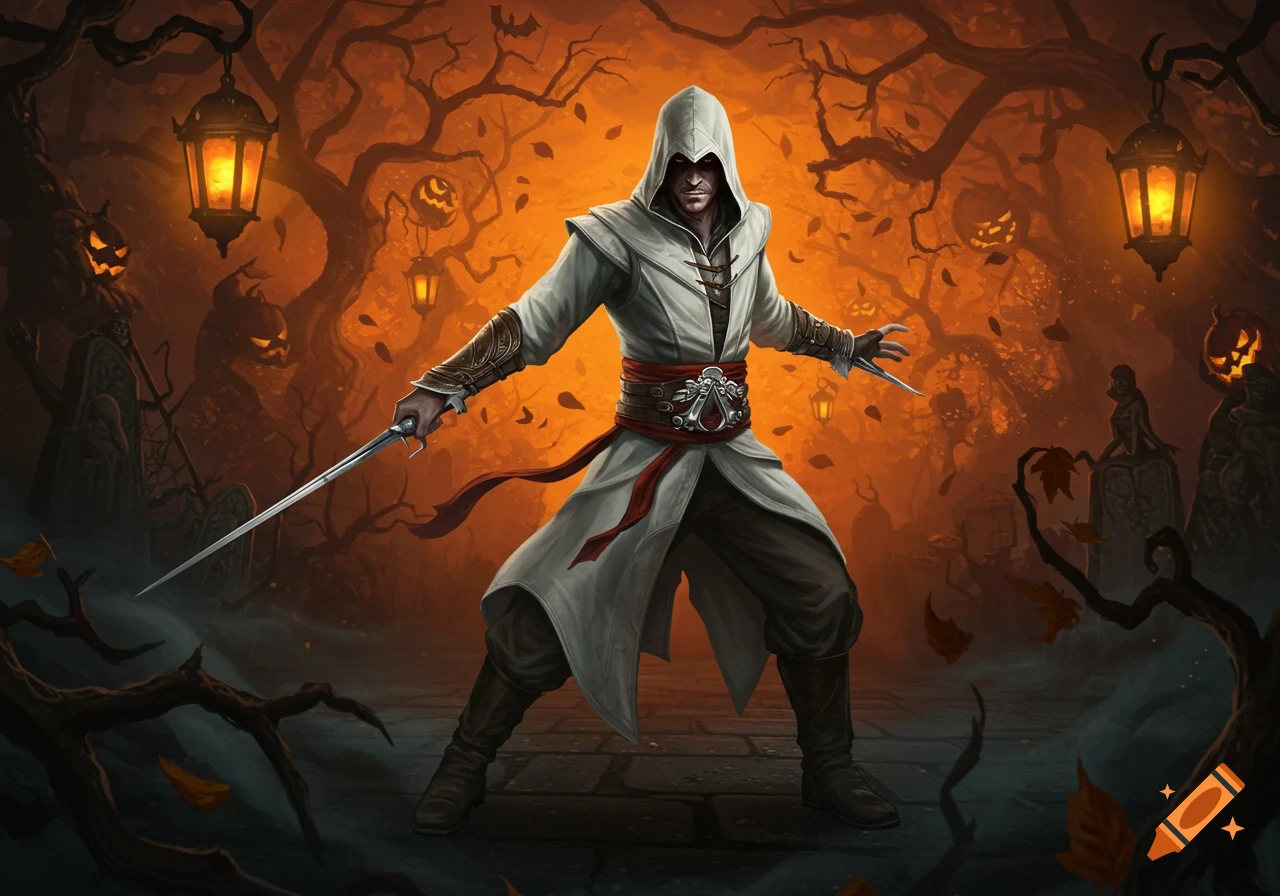A hooded assassin-like character with a sword and hidden blade stands in a spooky Halloween graveyard with glowing pumpkins and lanterns, against an orange sky.
