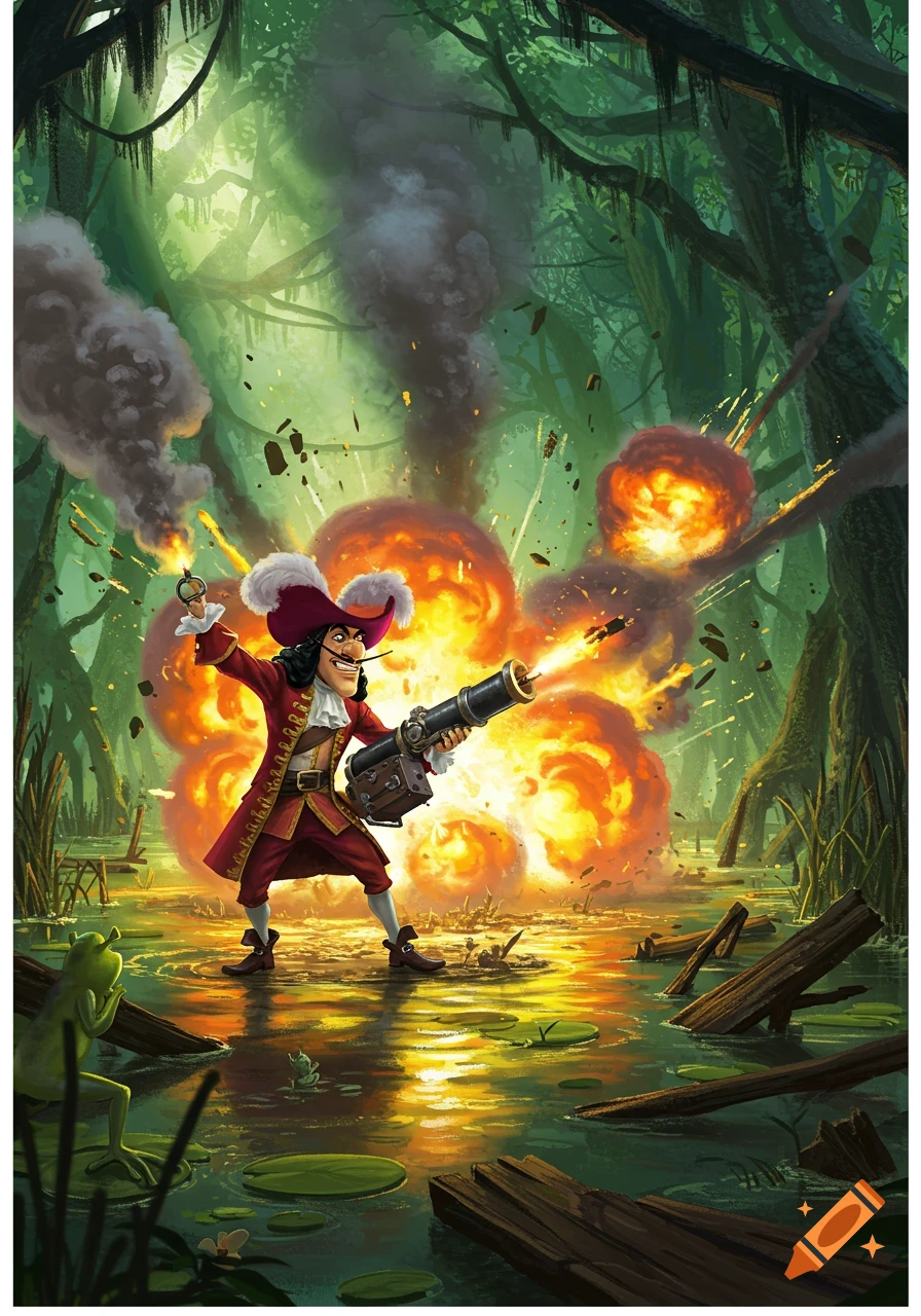 Cartoon Captain Hook firing a large cannon amid bright explosions and smoke in a vibrant green swamp.