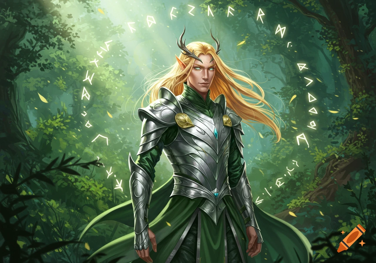 An armored male elf with long blonde hair and small horns stands in a sunlit forest, surrounded by a glowing ring of arcane runes.
