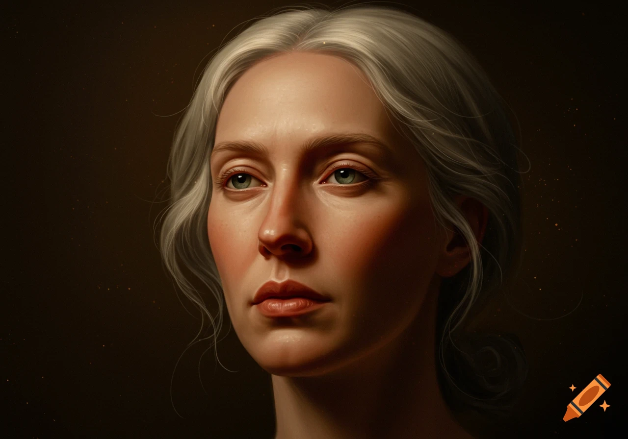 Close-up half-profile portrait of a woman with white hair and green eyes, against a dark background in a classical painting style.