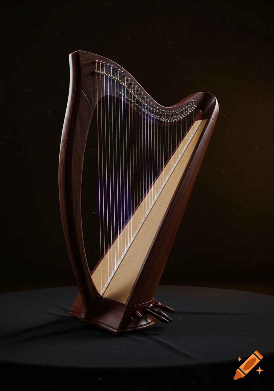 A sleek, dark wooden harp with glowing fiber optic strings on a black velvet surface under moody lighting.