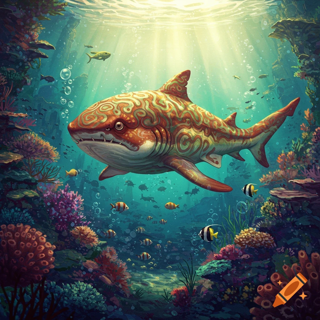 A colorful, stylized shark with intricate patterns swims in a vibrant coral reef, illuminated by sunbeams from above, surrounded by small fish.