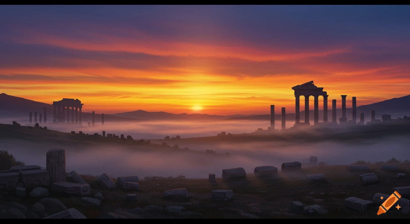 Illustrated landscape of ancient Greek ruins scattered across a misty valley under a fiery sunset.