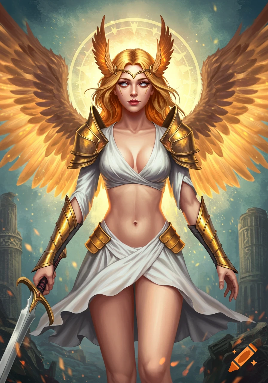 A golden-winged warrior-goddess with long blonde hair and white armor stands in ruins, holding a sword.