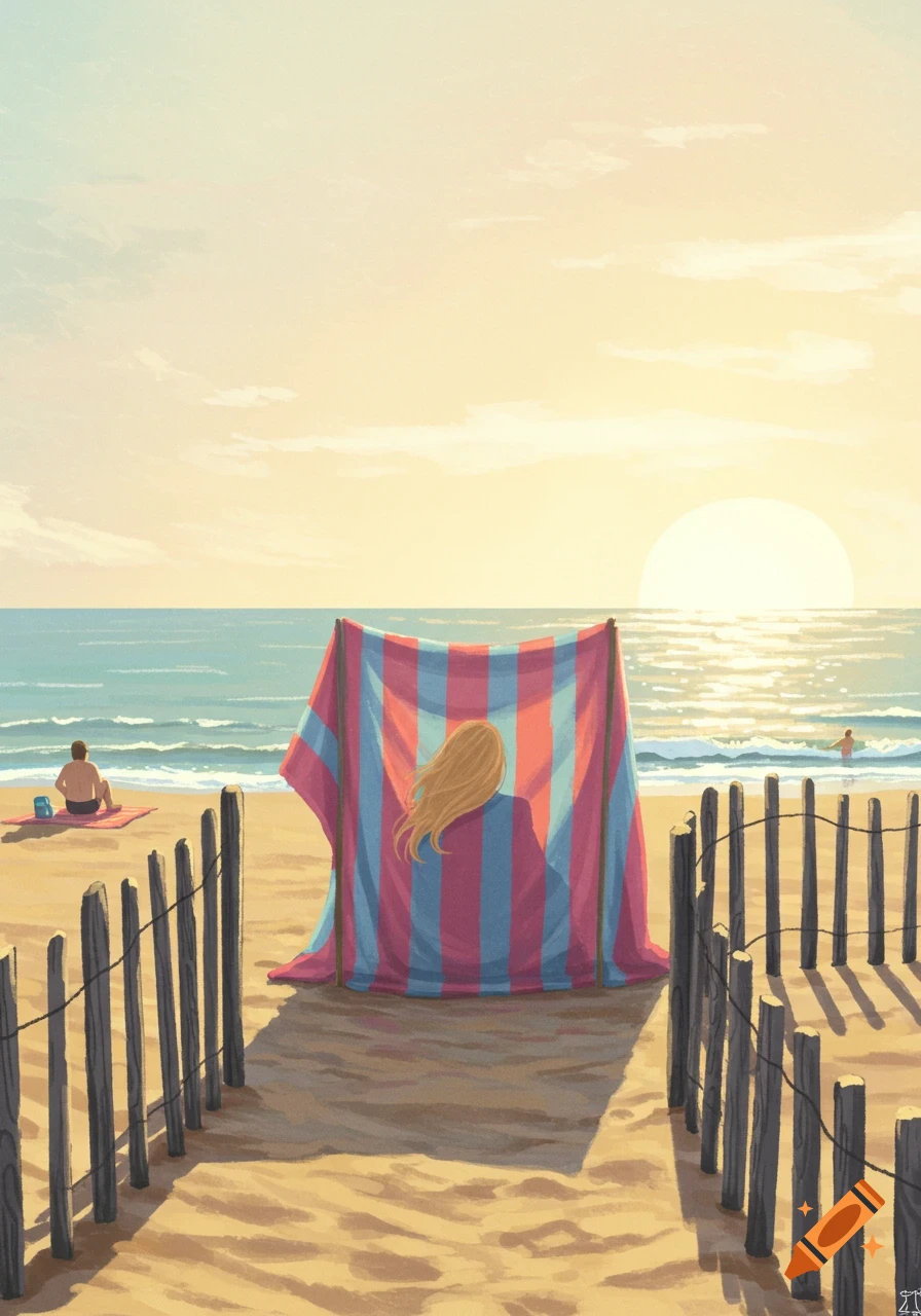A woman sits in a striped beach shelter, facing the ocean at sunset. A man is on a towel behind her and another is in the water, in an illustrated style.