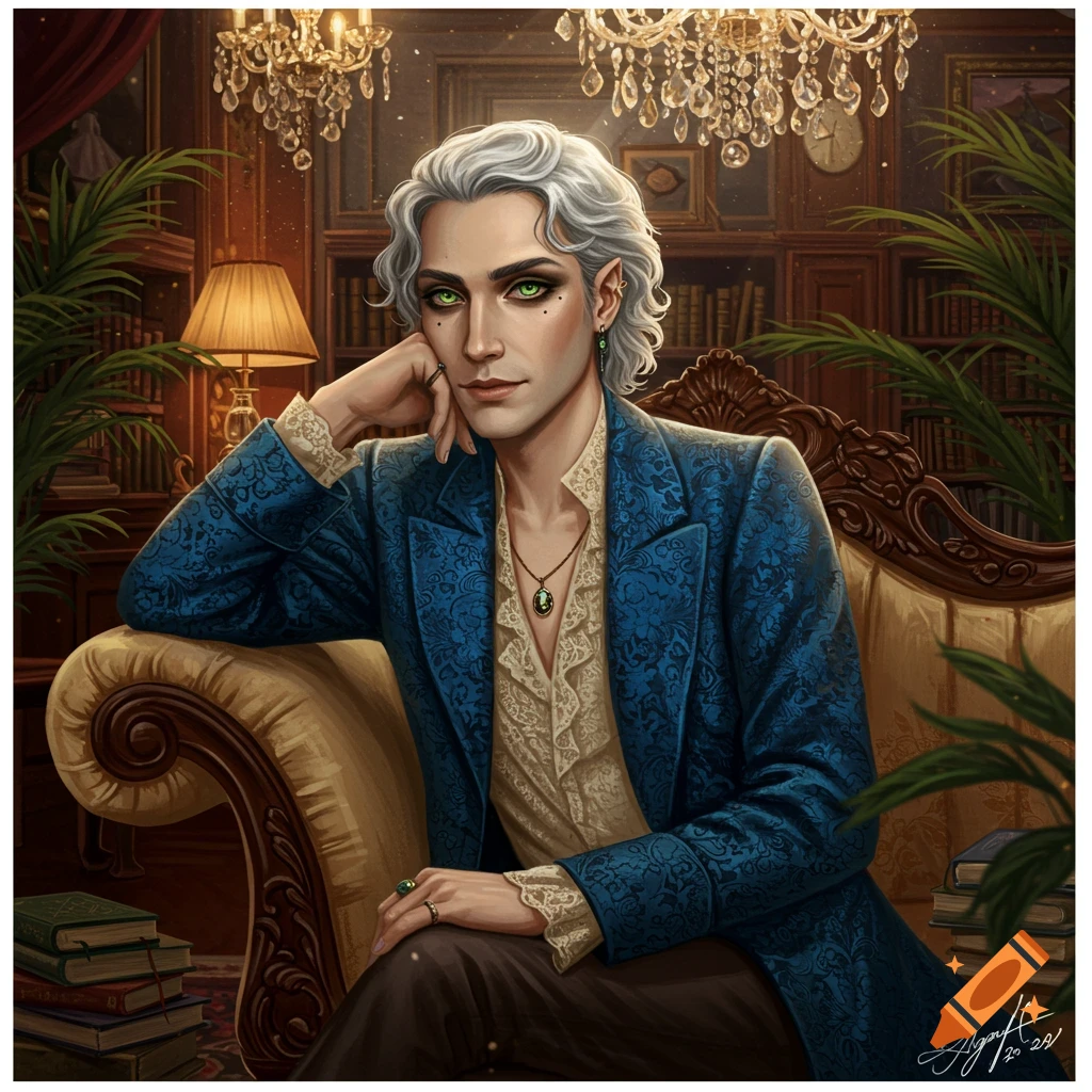Elegant man with white hair and vivid green eyes sits on a patterned couch in a dimly lit library, wearing a blue patterned jacket and a ruffled shirt.