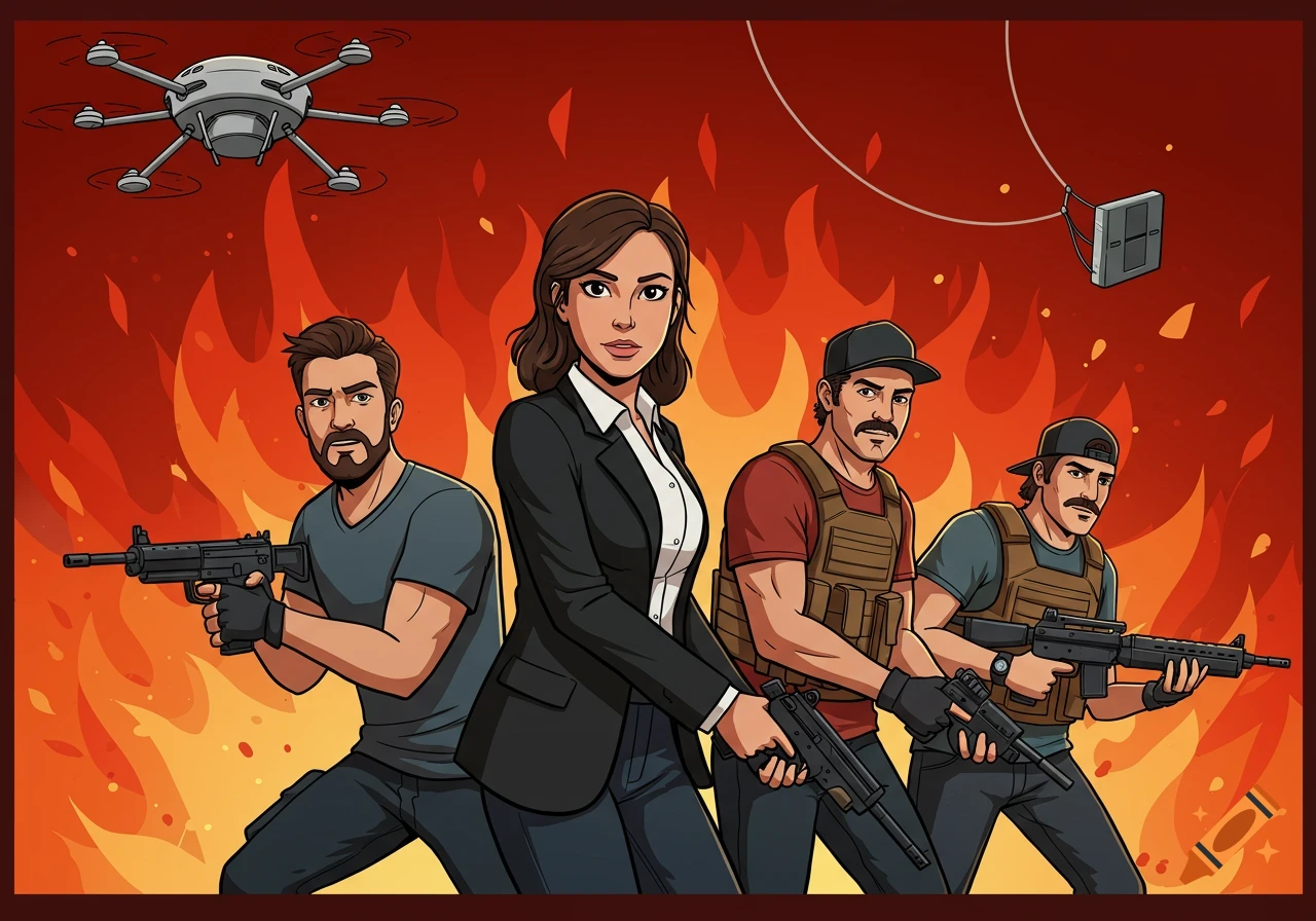 Four agents, one woman and three men, holding weapons and standing in front of a fiery background with a drone overhead, in a cartoon style.
