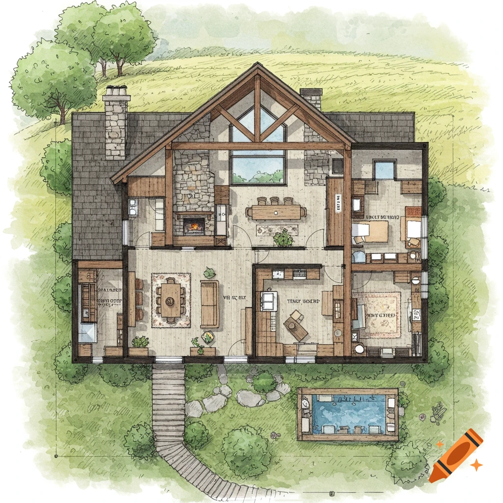 Overhead watercolor architectural floor plan of a multi-room house with a stone chimney, outdoor steps, and a pool in a green grassy landscape.
