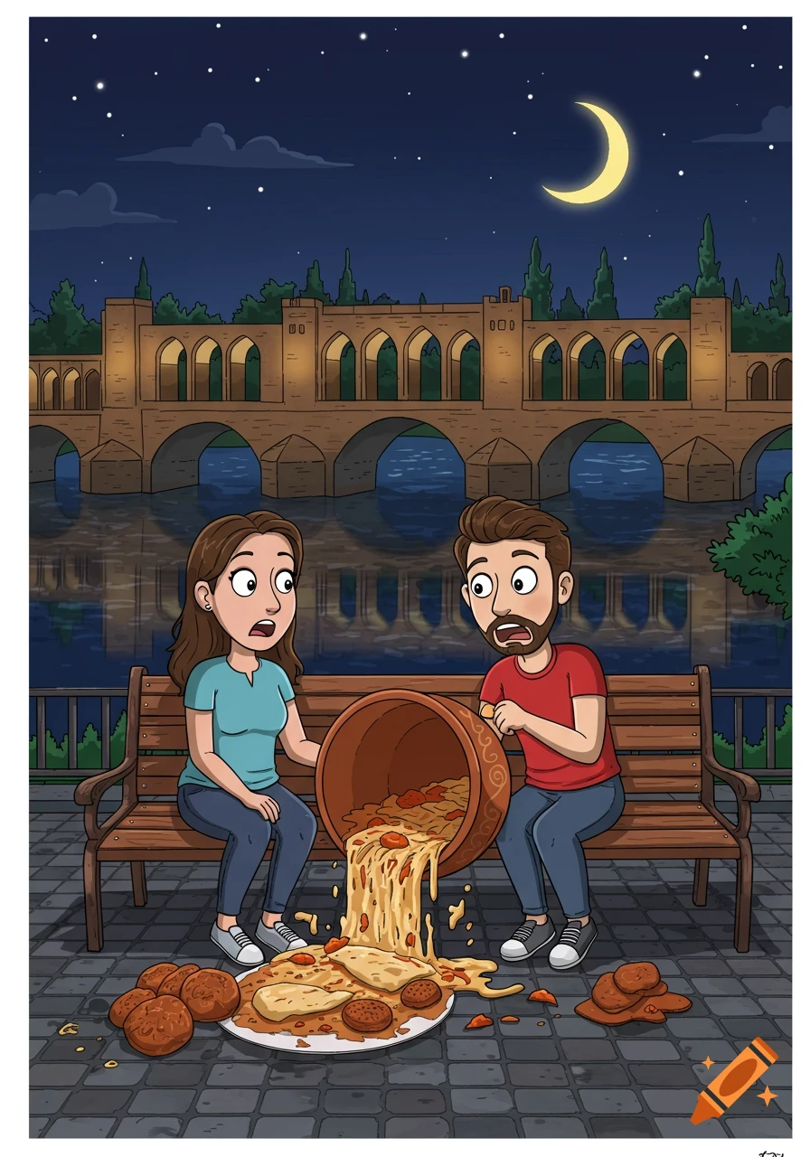 A surprised cartoon couple sits on a bench at night as a pot of Kalle-pache spills onto the ground, with a bridge and moon in the background.