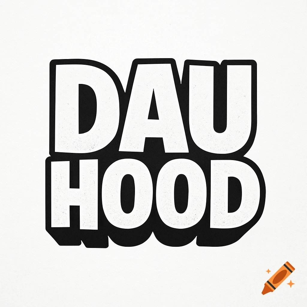 A black and white bold text graphic saying DAU HOOD on a white textured background.