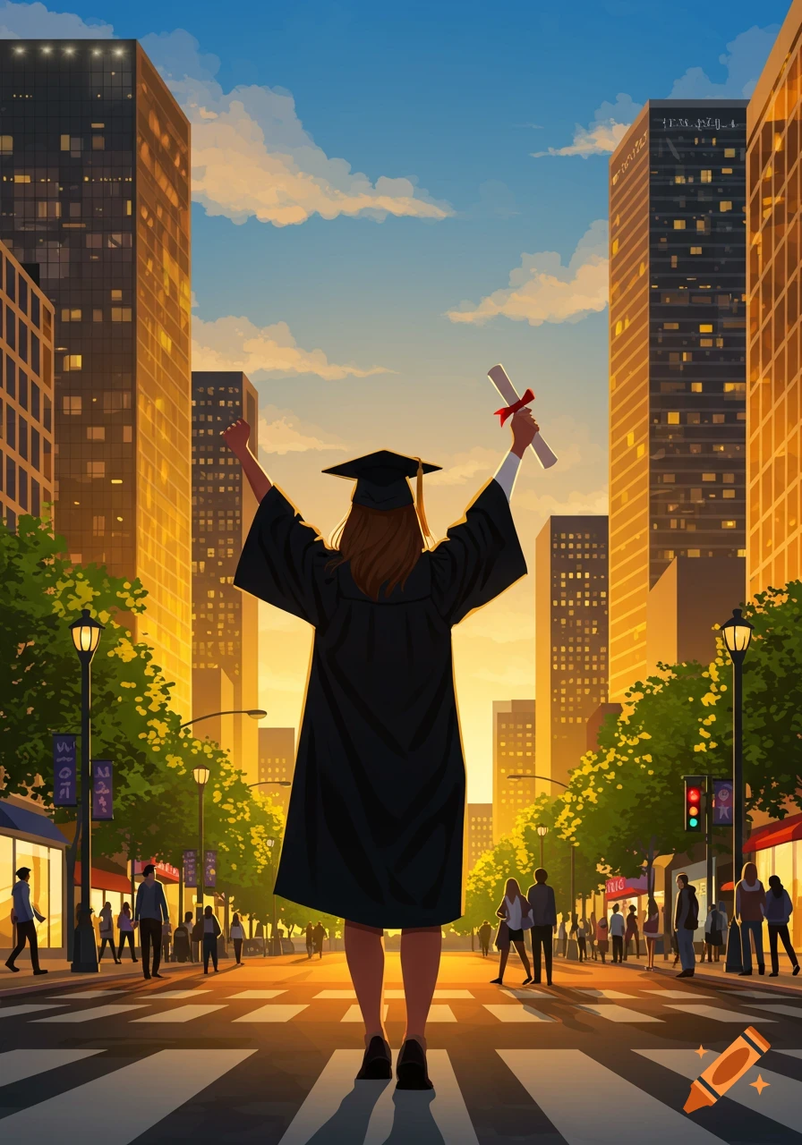 A graduate in cap and gown stands with arms raised, holding a diploma, in a city street at sunset, looking towards tall buildings.