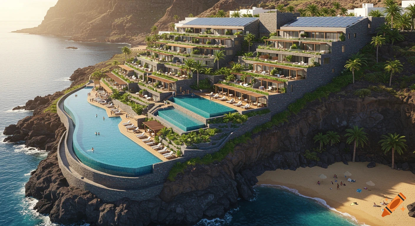 Aerial view of a multi-tiered luxury resort built into a rocky cliff overlooking the ocean with pools, sun loungers, and a sandy beach.