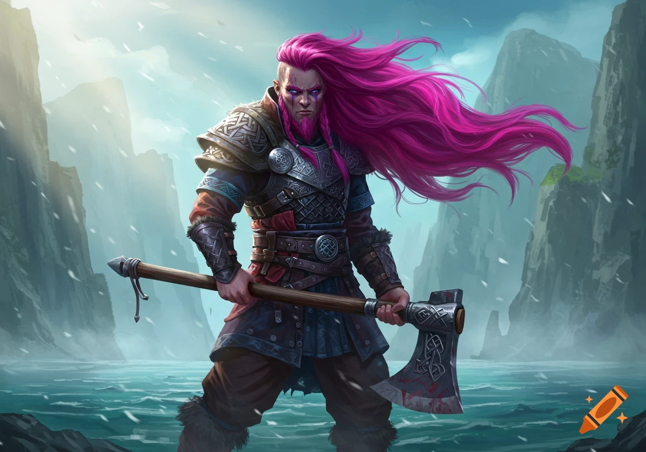 A stylized fantasy warrior with vibrant pink hair and beard, wearing ornate armor, holding a battle axe, standing in a snowy mountain landscape with water.