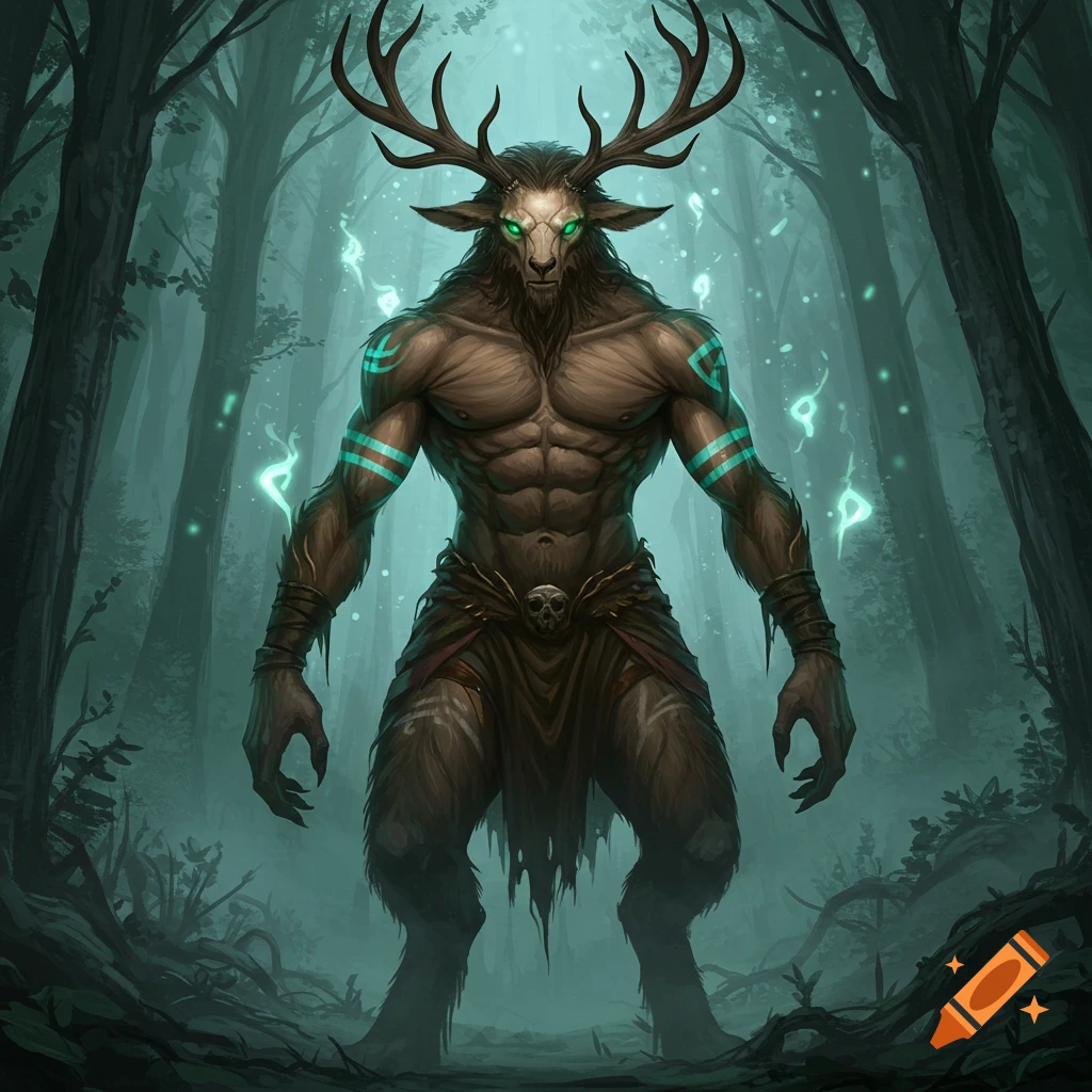 A powerful beastman with antlers, glowing green eyes, and turquoise tribal markings stands in a dark, misty forest.