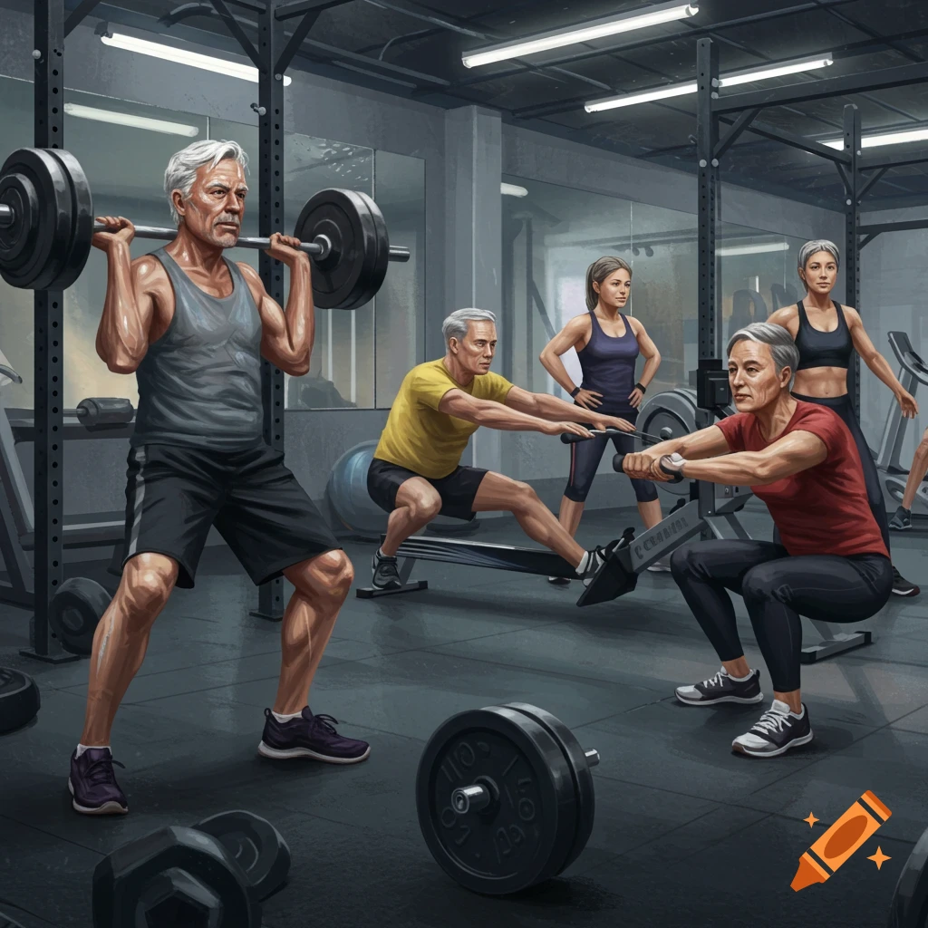 An illustration of older and middle-aged adults exercising in a gym, with some lifting weights and others using a rowing machine.