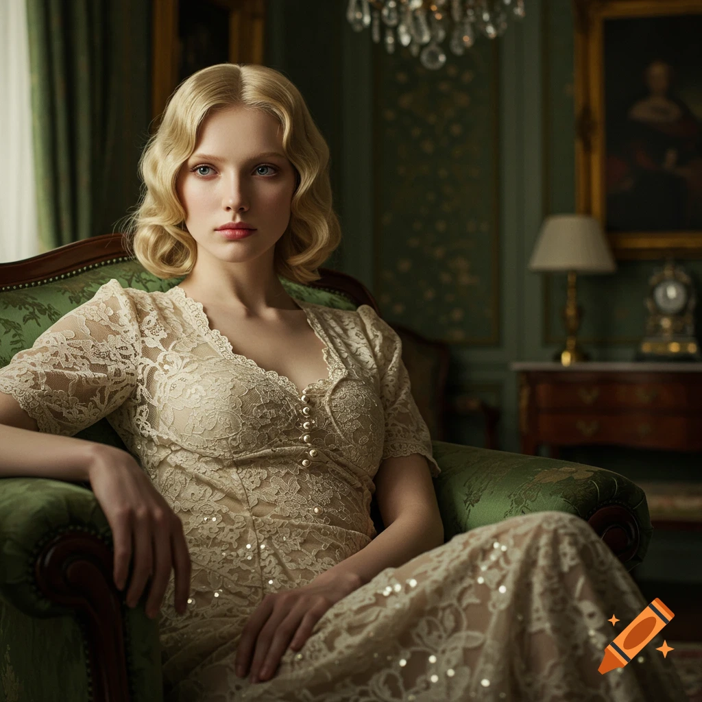 Elegant blonde woman in a vintage lace dress sits in a green armchair in an opulent room.