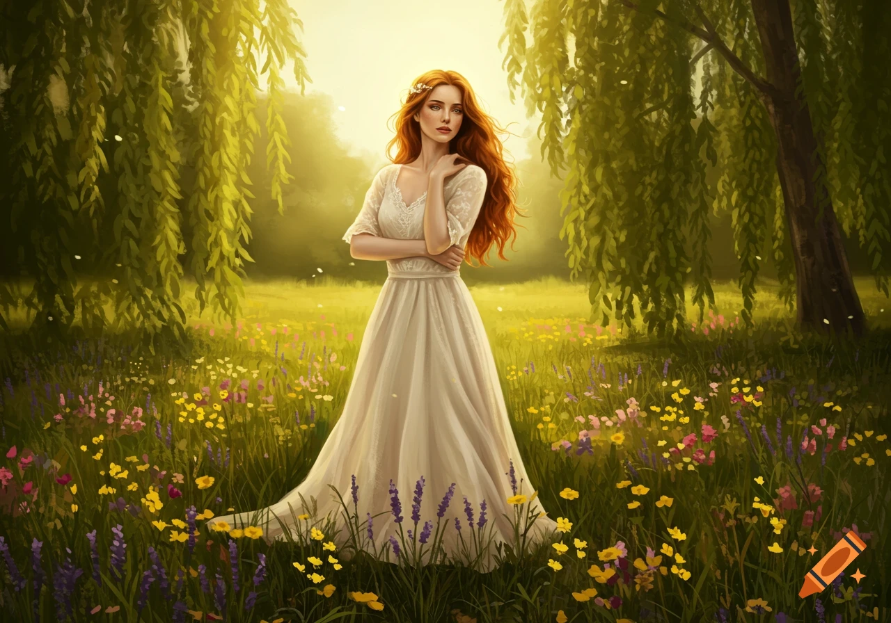 A woman with long red hair in a white dress stands in a vibrant field of wildflowers beneath willow trees, bathed in golden sunlight.