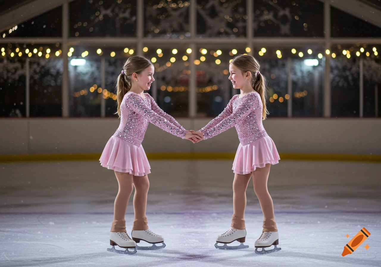 Two young girls in pink sparkly dresses and white ice skates hold hands on an ice rink under warm string lights.