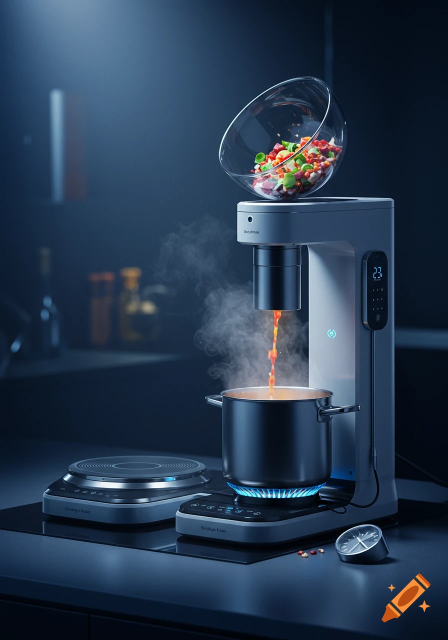 A modern kitchen appliance setup with chopped vegetables pouring liquid into a steaming pot on an induction cooktop.