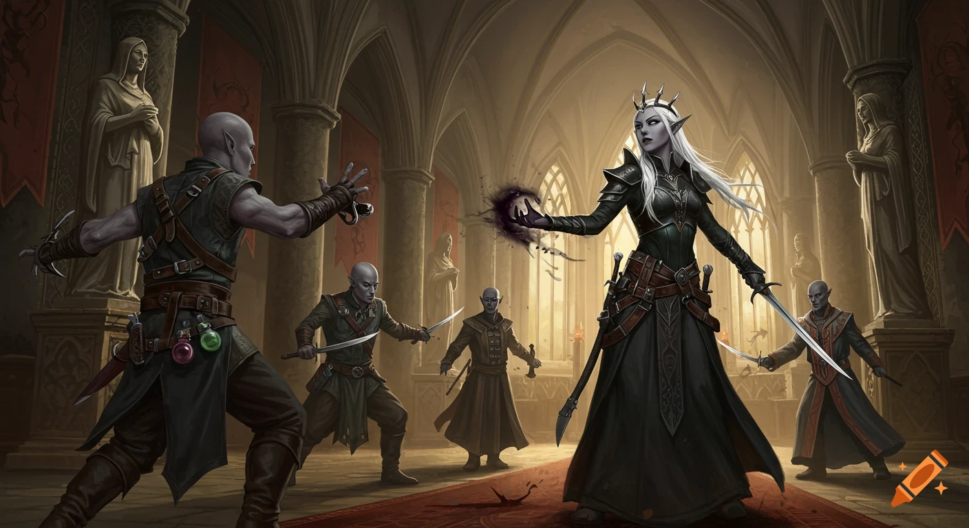 A regal Drow queen with white hair uses dark magic against four bald, grey-skinned Drow assassins in a gothic hall with statues and tapestries.