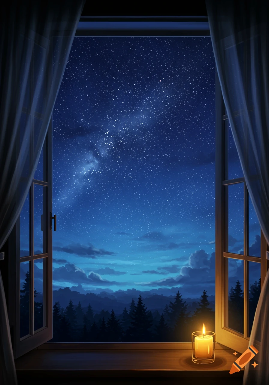An open window frames a dark blue night sky filled with stars, with silhouetted forests below. A lit candle sits on the windowsill.