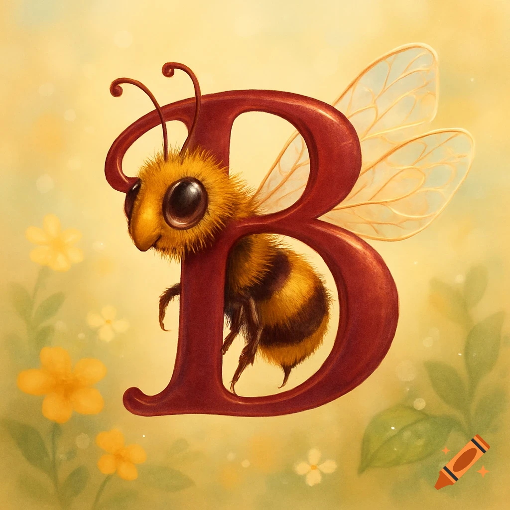 A fluffy cartoon bee integrated into a burgundy capital letter B against a soft yellow floral background.