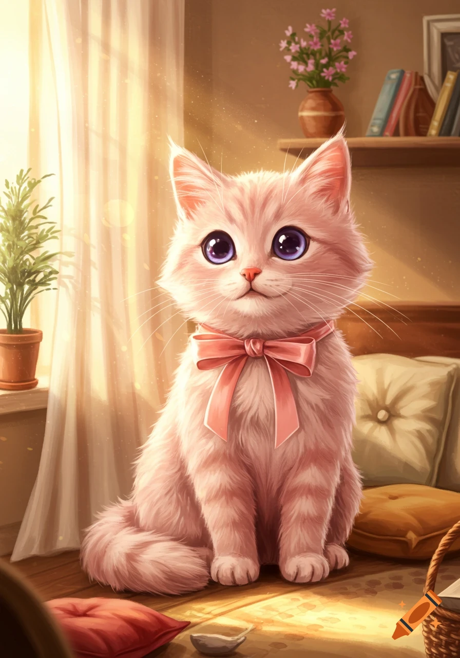 A cute illustrated fluffy light pink cat with big purple eyes and a pink bow, sitting in warm sunlight.