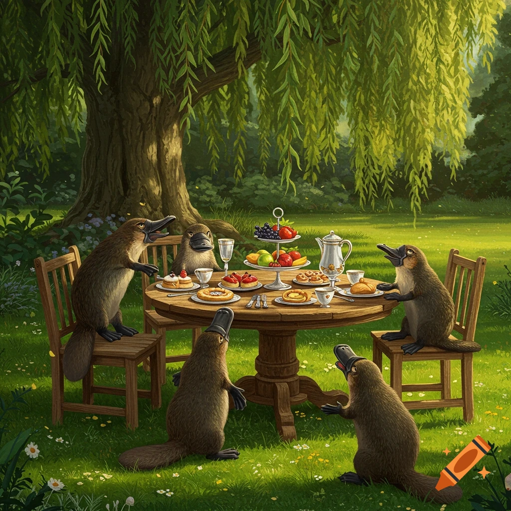 Whimsical illustration of five platypuses having a tea party with pastries and fruit under a large willow tree.